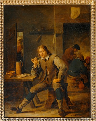 Tupakoitsija nojaa pöytää vasten ... tekijältä David the Younger Teniers