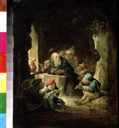 Pyhän Antoniuksen kiusaus. David Teniersin nuoremman (1610-1690) maalaus. Öljy puulle, 24,6 x 20,3 cm, noin 1640. Flanderin taidetta, barokkitaidetta. Pushkinin taidemuseo, Moskova. tekijältä David Teniers the Younger