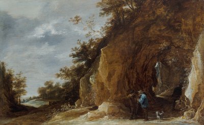Talonpojat lepäävät polulla kallioisessa metsämaisemassa tekijältä David Teniers the Younger