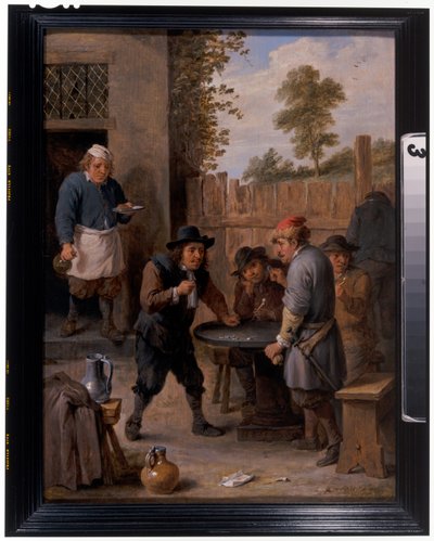Talonpojat leikkivät noppaa majatalon ulkopuolella tekijältä David the Younger Teniers