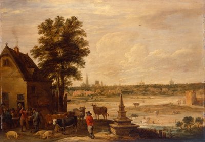 Talonpojat tekevät kaupat sian myynnistä Antwerpenin kaupungin rajalla (öljy paneelille) tekijältä David Teniers the Younger