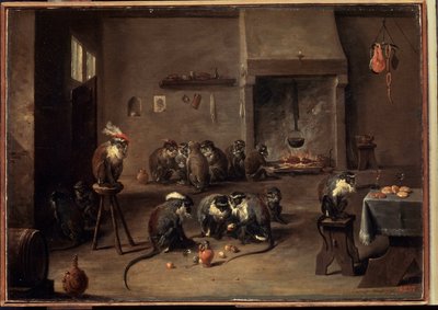 Apinat keittiössä. David Teniersin nuoremman (1610-1690) maalaus. Öljy kankaalle, 36 x 50,5 cm, noin 1640. Flanderin taidetta, barokkitaidetta. Eremitaaši, Pietari. tekijältä David Teniers the Younger
