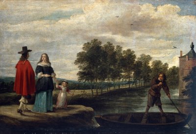 Taiteilija, hänen vaimonsa ja lapsensa kartanon vallihautalla, Perck (öljy kankaalle) tekijältä David Teniers the Younger