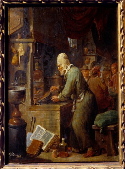 Alkemisti. David Teniers II:n maalaus Nuoret (1610-1690) Ec. Flam tekijältä David Teniers the Younger