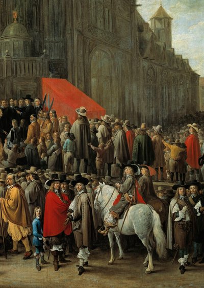 Papegai-peli Brysselissä vuonna 1652 Peli, jossa ammutaan puusta tai pahvista tehdystä lintutaulusta, joka on sijoitettu tangon kärkeen (yksityiskohta) tekijältä David Teniers the Younger