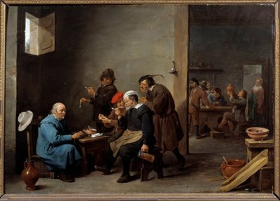 Mies, jolla on valkoinen hattu Ryhmä miehiä polttaa piippua majatalossa. David Teniers II Nuoren maalaus (1610-1690) tekijältä David Teniers the Younger