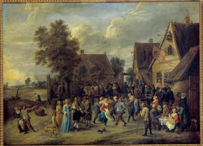Kyläjuhlat aristokraattisen parin kanssa David Teniers II:n (1610-1690) maalaus su. 0,8x1,09 m. tekijältä David Teniers the Younger