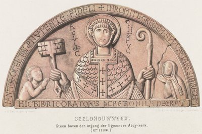 Tympanum van Egmond: jousirumpu Pietarin, Hollannin kreivi Dirk VI:n ja hänen äitinsä kreivitär Petronellan kanssa, n. 1120 Veistos. Kivi Egmonder Abbey -kirkon sisäänkäynnin yläpuolella (1100-luku) (otsikko esineessä) tekijältä David van der Kellen