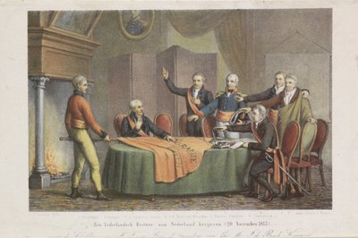 Triumviraatin korkean vallan hyväksyminen Oranssin prinssin nimissä, 21. marraskuuta 1813 Alankomaiden hallituksen palauttaminen Alankomaihin. (20. marraskuuta 1813) (otsikko esineessä) tekijältä David van der Kellen