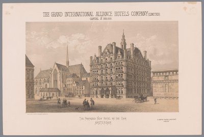 Suunnittelu ehdotettuun hotelliin Dam-aukiolle Amsterdamissa Ehdotettu uusi hotelli Amsterdamin patolla (otsikko esineessä) Grand International Alliance Hotels Company (Limited) pääoma 300 000 puntaa (nimike esineessä) tekijältä Day and Co.