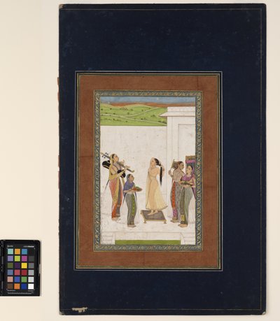 Nainen viimeistelemässä wc-istuinta, n. 1725 (läpinäkymätön akvarelli ja kulta paperille, kiinnitetty albumin sivulle) tekijältä Deccani School