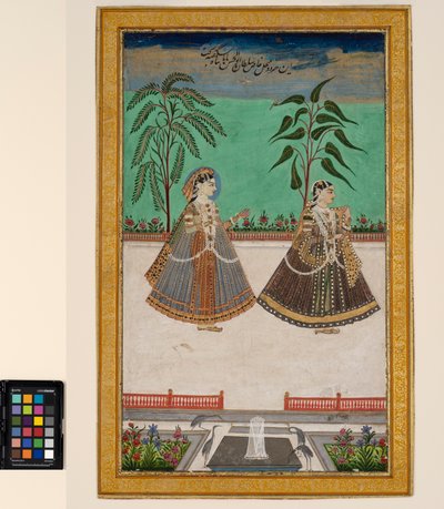 Kaksi naista Golcondan Tana Shahin haaremista, n. 1800 (läpinäkymätön akvarelli ja kulta paperille, kiinnitetty albumin sivulle) tekijältä Deccani School