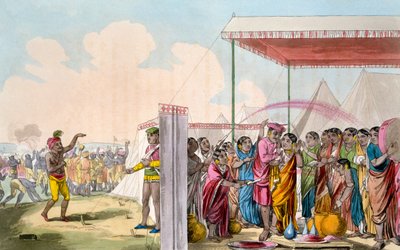 Playing the Hohlee, T. D. Broughtonin "Mahrattaiden puku, hahmo, käytöstavat, kotitottumukset ja uskonnolliset seremoniat", etsaus Baxter, 1813 tekijältä Deen Alee