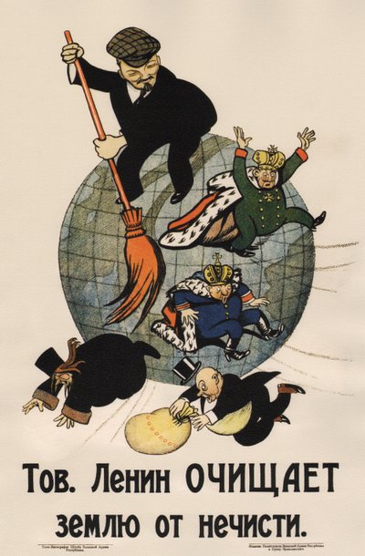 Toveri Lenin puhdistaa maan roskista Juliste, 1920 tekijältä Deni