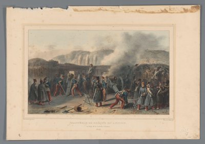 Beschieting van de Citadel, 1832 Akku rikkoutuu toiminnassa (otsikko esineessä) Raffetin piirustuksia elämästä Antwerpenin linnoituksen piirityksen yhteydessä (sarjan nimi esineessä) tekijältä Denis Auguste Marie Raffet