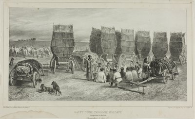 Hiiltä kuljettavan moldavialaisen asuntovaunun pysähdyspaikka, Bessarabia, 5. elokuuta 1837. tekijältä Denis Auguste Marie Raffet