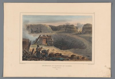Militairten binnen een linnake, 1832 Toledon linnakkeen sisätilat (otsikko esineessä) Raffetin piirustukset luonnosta Antwerpenin linnoituksen piirityksen yhteydessä (sarjan nimi esineessä) tekijältä Denis Auguste Marie Raffet