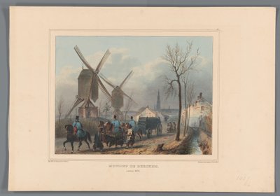 Molens van Berchem, 1832 Berchemin tuulimyllyt (otsikko esineessä) Raffetin piirustukset luonnosta Antwerpenin linnoituksen piirityksen yhteydessä (sarjan nimi esineessä) tekijältä Denis Auguste Marie Raffet