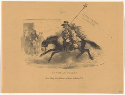 Postimiljardi hevosen selässä Lopulta le voila! (otsikko esineessä) Album de 1836 (sarjan nimi esineellä) tekijältä Denis Auguste Marie Raffet