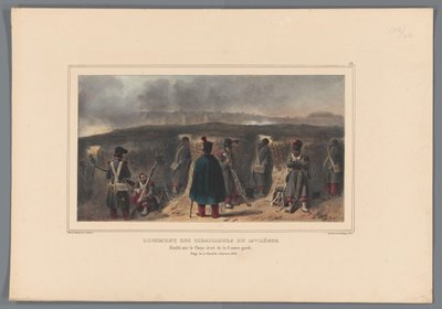 Schutterit ostavat borstweringia, 1832 19. valon kahaajien asunto (otsikko esineessä) Raffetin piirustuksia elämästä Antwerpenin linnoituksen päämajassa (otsikko esineessä) tekijältä Denis Auguste Marie Raffet