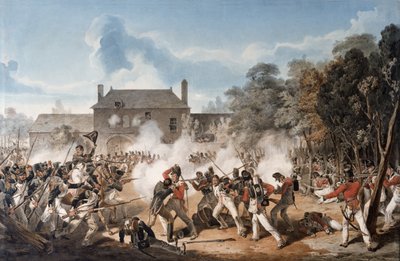 Chateau de Hougoumontin puolustaminen sivukomppanian toimesta, Coldstream Guards 1815, 1815 tekijältä Denis Dighton