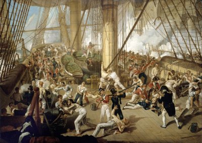 Horatio Nelsonin (1758-1805) kaatuminen Trafalgarin taistelussa 21. lokakuuta. tekijältä Denis Dighton
