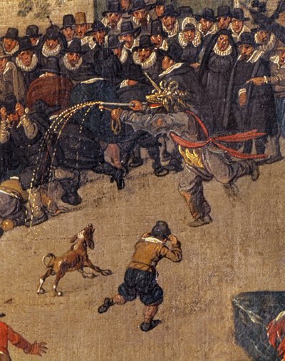 Arkkiherttuatar Isabellan voitto Brysselin Ommerganckissa 31. toukokuuta 1615, yksityiskohta yleisöstä ja pukeutunut hahmo tekijältä Denys van Alsloot