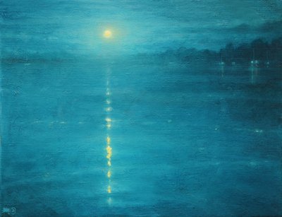 Moonrise On The Canal, 2020 (öljy kankaalle) tekijältä Derek Hare