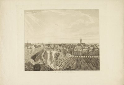Nijmegen, näkymä Belvédèrestä länteen Länteen (otsikko esineessä) Nähtävyydet ympäri Nijmegenin kaupunkia (sarjan nimi) Gelderschin panoraama tai pyöreä näkymä elämästä piirrettynä Nymegenin Belvederelle (sarjan nimi) tekijältä Derk Anthony van de Wart
