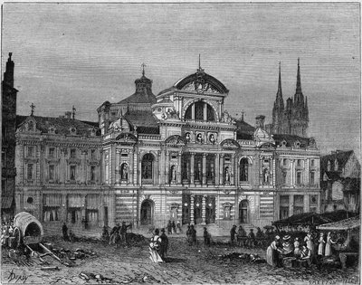 Ulkonäkymä Angersin suuresta teatterista, joka valmistui vuonna 1871 arkkitehti Lucien Botrelin suunnitelmien mukaan. Maine et Loire (49) tekijältä Deroy (after)