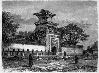 Moskeija Pekinissä (Peking) 1870-luvulla. Kaiverrus Deroyn piirustuksen mukaan julkaisussa "" Le Tour du Monde, Nouveau Journal des Voyages", toimittanut Edouard Charton, Paris tekijältä Deroy (after)