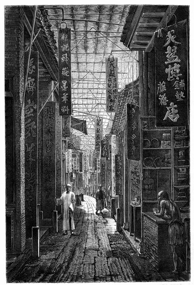 Näkymä apteekkikadulle Guangzhoussa (Guangzhou). Kaiverrus Deroyn piirustuksen jälkeen julkaisussa "" Le Tour du Monde, Nouveau Journal des Voyages", toimittanut Edouard Charton, Paris tekijältä Deroy (after)