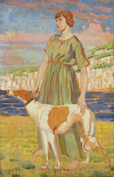 Muotokuva Elizabeth Lipczinskistä koiransa Fannyn kanssa, n. 1911-12 tekijältä Derwent Lees
