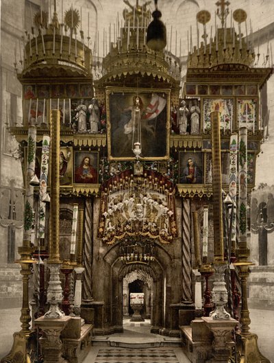 Pyhän haudan sisätilat, Jerusalem, Pyhä maa, n. 1890 - n. 1900 (valokuvatulostus) tekijältä Detroit Photographic Co.