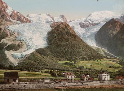 Chamonixin asema ja Bossonsin jäätikkö, noin 1890-1906 (valokuvakromi). tekijältä Detroit Publishing Co.