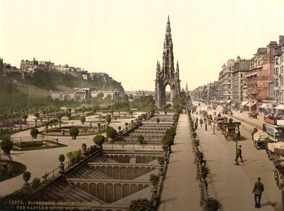 Princes Street, linna ja Scott Monument, Edinburgh, n. 1890-1900 tekijältä Detroit Publishing Co.