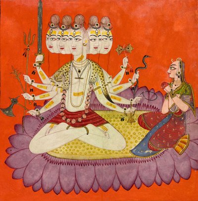 Parvatin palvoma Sadashiva, n. 1690 (läpinäkymätön akvarelli, kulta ja levitetty kovakuoriaisen siipi paperille, ) tekijältä Devidasa (attr.to)