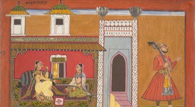 Riidan vieraantunut kurtisaani ja hänen rakastajansa: Sivu Rasamanjari-sarjasta, 1694-95. tekijältä Devidasa of Nurpur