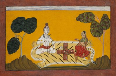 Shiva ja Parvati Playing Chopper: Folio Rasmanjari-sarjasta, päivätty 1694–1695. tekijältä Devidasa of Nurpur