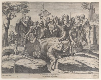 Marcus Atilius Regulus tynnyrissä, kun kaksi miestä lyö nauloja, erilaisia fi..., 1555-77. tekijältä Diana Mantuana