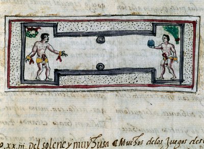 Atsteekit pelaavat pelotaa, pienoismalli Diego Duranin (1537-1588) historiasta Intian historiasta (Historia de las Indias), käsikirjoitus vuodelta 1579 tekijältä Diego Duran