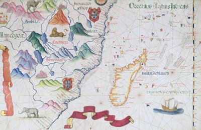 Madagaskar ja Itä-Afrikan rannikko, yksityiskohta maailman atlasesta, 1565 tekijältä Diego Homem