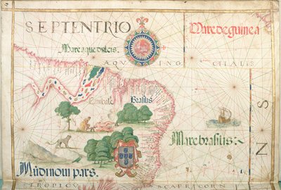 Amazonin suu, Brasilia, yksityiskohta maailman atlasesta, 1565 tekijältä Diego Homem