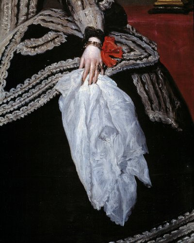Käsi ja huivi Yksityiskohta Itävallan kuningatar Mary Annen (Marianne) (1634-1696), Philip IV:n vaimon muotokuvasta”” Diego velasquezin (1599-1660) maalaus 1600-luvun Madrid, Prado-museo tekijältä Diego Velázquez