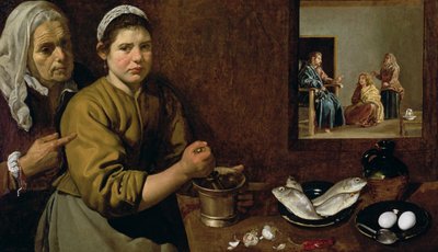 Keittiökohtaus Kristuksen kanssa Martan ja Marian talossa, n. 1618 (öljy kankaalle) tekijältä Diego Velázquez