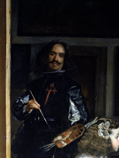 Las Meninas. Yksityiskohta: maalarin omakuva maalaustelineen edessä tekijältä Diego Rodriguez de Silva y Velazquez