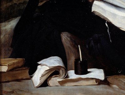 Hullu Diego de Acedon muotokuva, yksityiskohta. Kirjat. Diego Rodriguez de Silvan ja Velasquezin (1599-1660) maalaus tekijältä Diego Velázquez