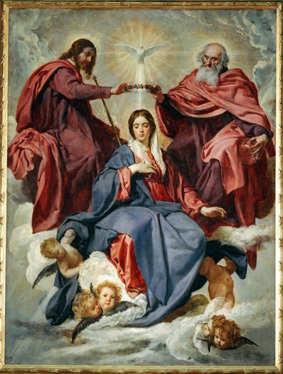 Neitsyt Marian kruunajaiset, maalattu noin vuonna 1641 kuningattaren oratoriota varten... (maalaus kankaalle) tekijältä Diego Rodriguez de Silva y Velazquez
