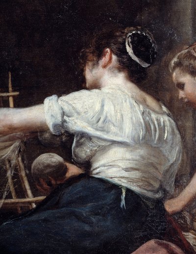 Spinnerit tai Arachne Detail -tarina selkätyöläisestä. Diego Rodriguez de Silva y Velasquezin (1599-1660) maalaus n. 1653. Aurinko 2,2x2,89 m Madrid, Prado-museo tekijältä Diego Velázquez
