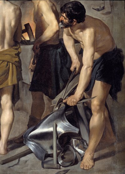 Vulcanin takomo, yksityiskohta. Yksi seppä työskentelee panssarin parissa. Diego Velasquezin (1599-1660) maalaus 1630 su. 2,23x2,90 m Madrid, Prado-museo tekijältä Diego Velázquez